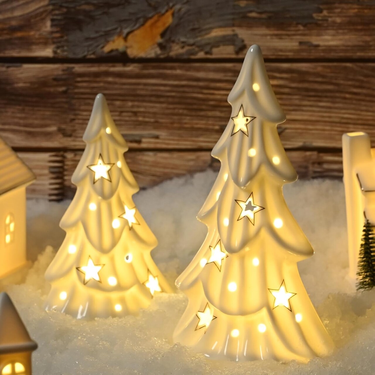 Set of 2 Ceramic Christmas Trees with Lights Tabletop Decor (Glossy White)